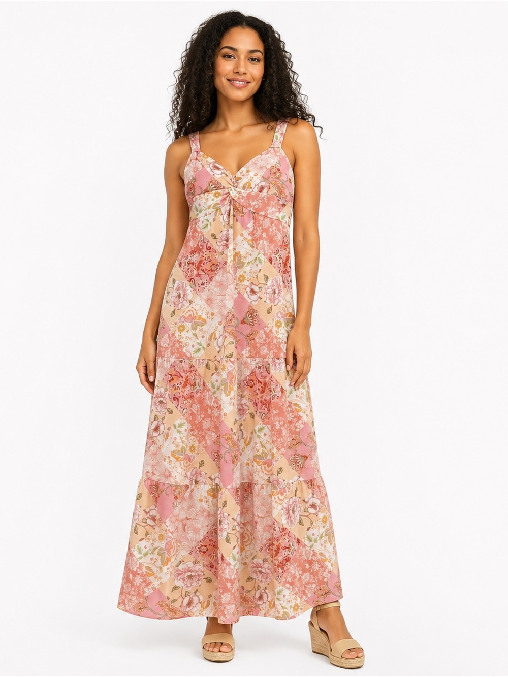 Harlow & Rose Pink Patchwork Floral Tiered Maxi Dress Size Small. NWOT